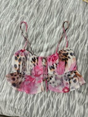 Bershka Pink Floral & Leopard Print Ruffle Camisole
